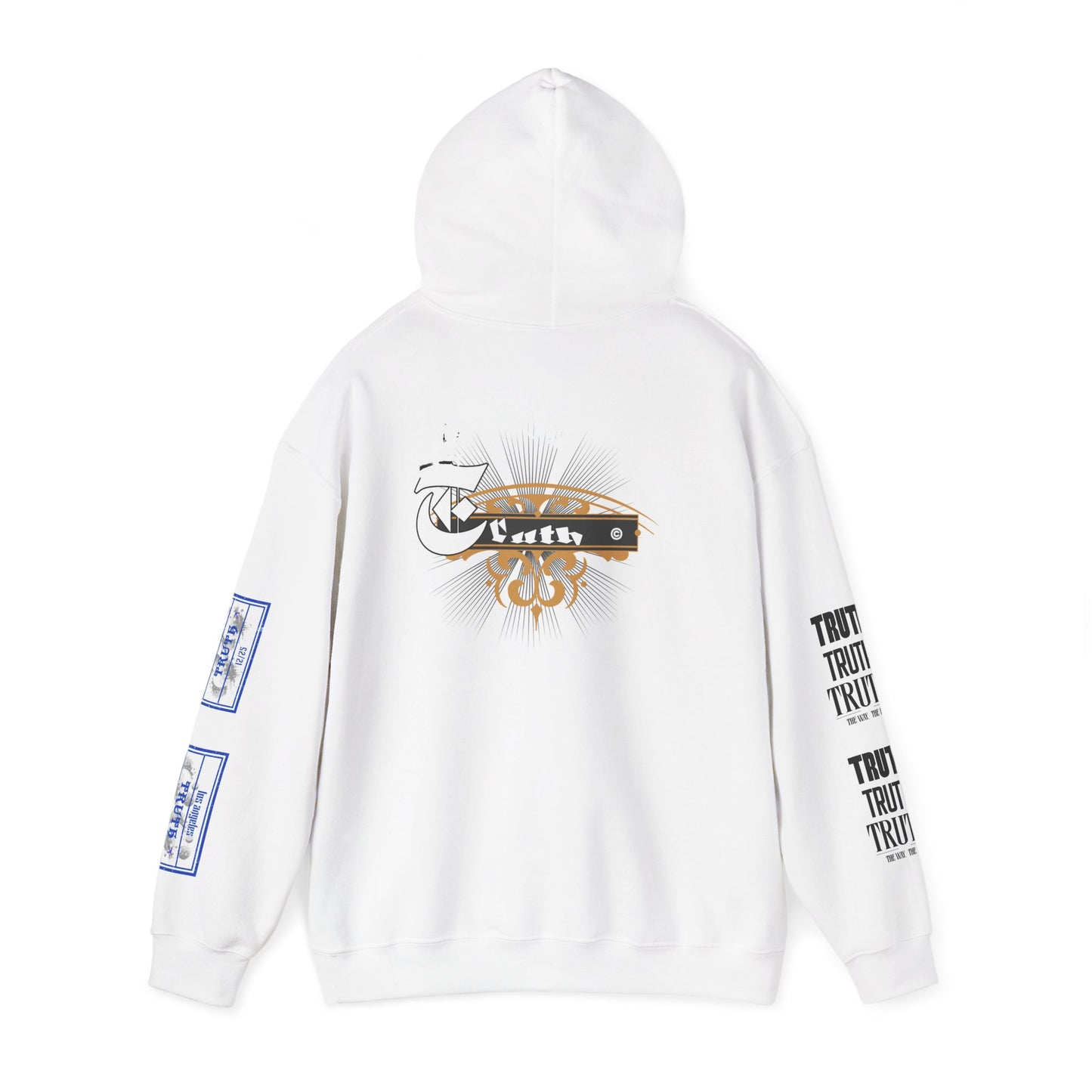 Truth Graphic Hoodie — White Streetwear Pullover with Text Sleeve & Back Emblem