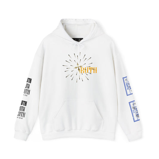 Truth Graphic Hoodie — White Streetwear Pullover with Text Sleeve & Back Emblem