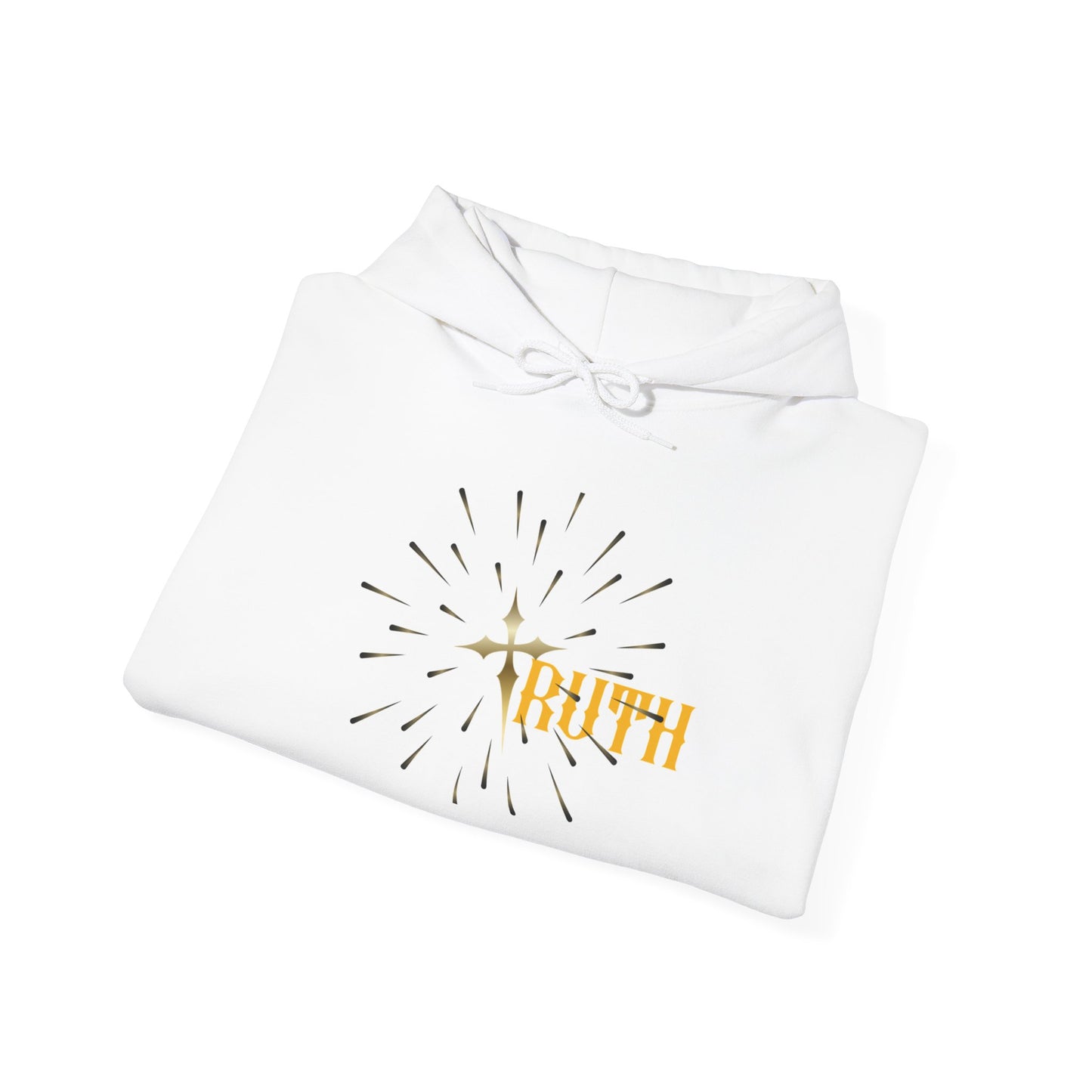 Truth Graphic Hoodie — White Streetwear Pullover with Text Sleeve & Back Emblem