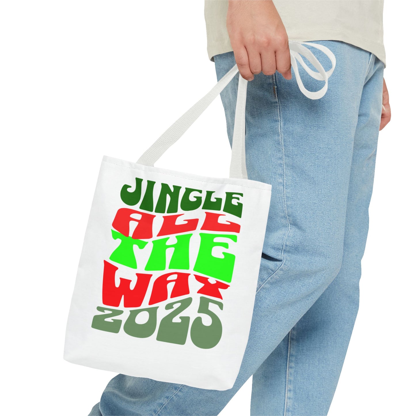 Jingle All The Way 2025 Holiday Tote Bag — Retro Red & Green Christmas Gift Bag