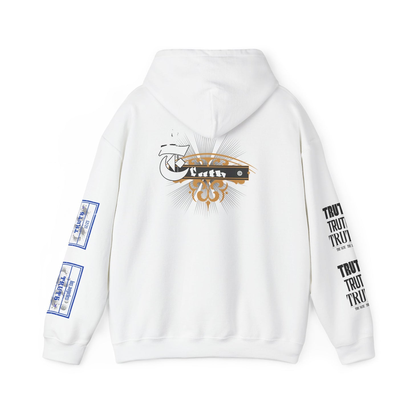 Truth Graphic Hoodie — White Streetwear Pullover with Text Sleeve & Back Emblem