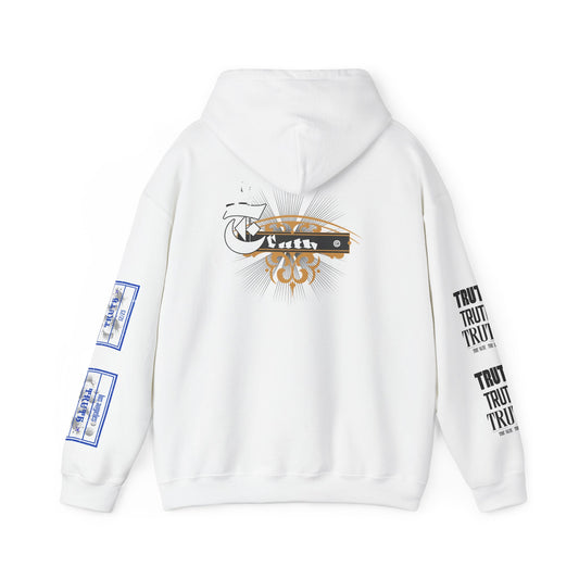 Truth Graphic Hoodie — White Streetwear Pullover with Text Sleeve & Back Emblem